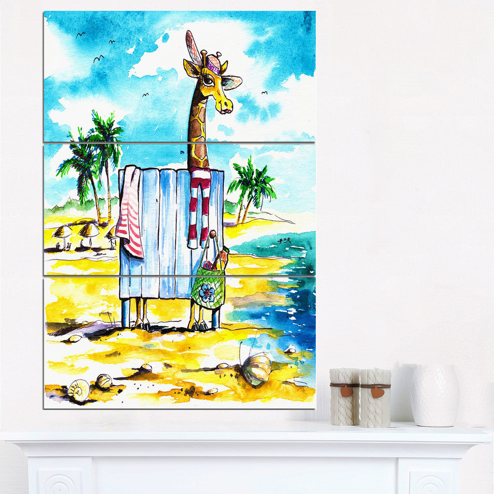 "Giraffe in Dressing Room on Beach" Cartoon Metal Wall Art, 3 Panels, 28"x36"