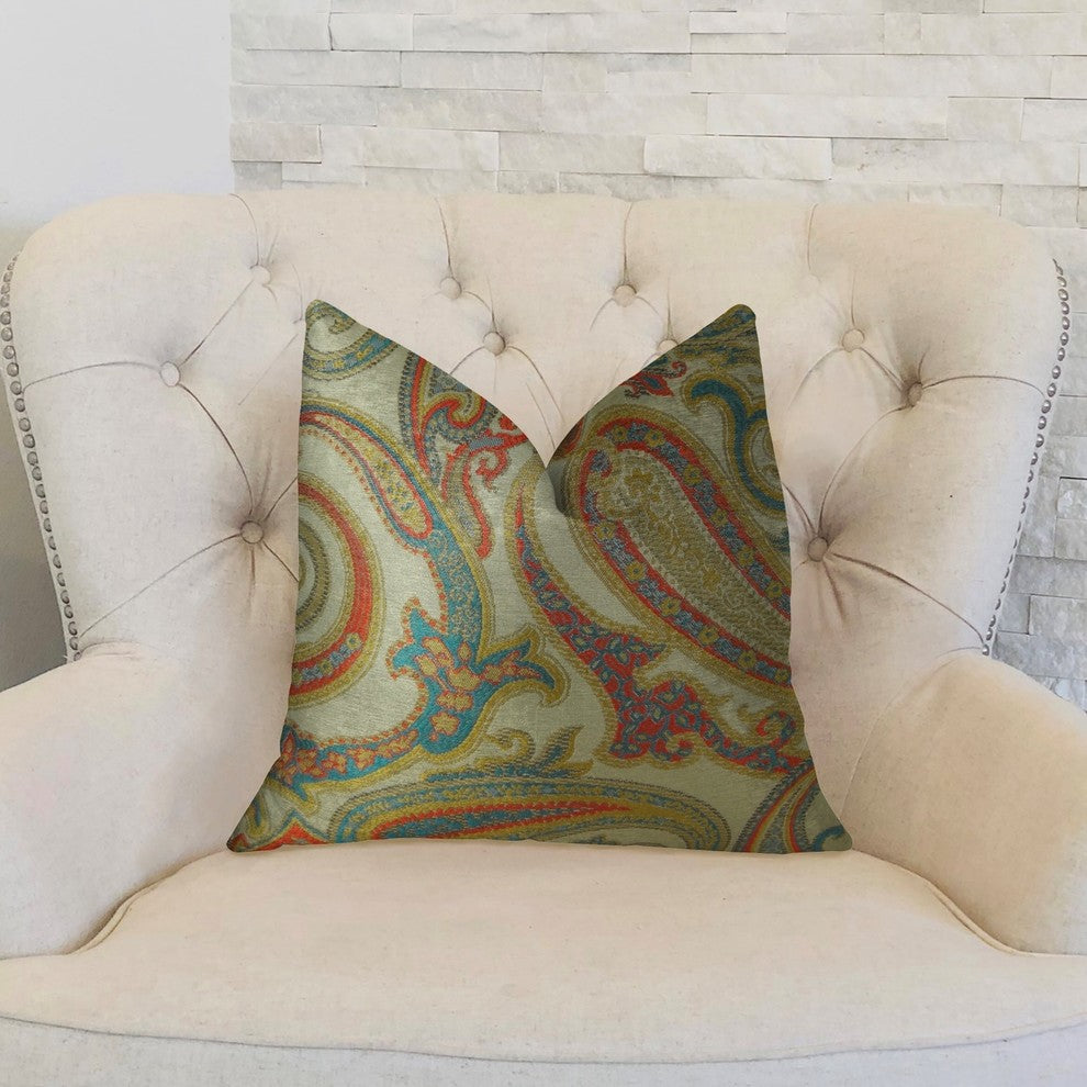 Paisley Bay Cream Red and Blue Handmade Luxury Pillow, 20"x20"