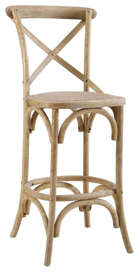 Unique Counter Stool, Elm Wood Construction With X-Shaped Backrest, Gray Wash