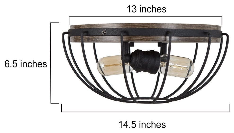 LNC Farmhouse 2-Light Balck Cage Flush Mount Ceiling Light With Wood Accent