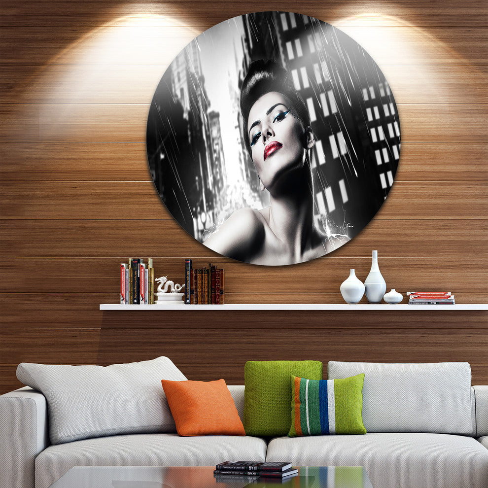 Brunette Woman With Red Lips, Portrait Woman Disc Metal Wall Art, 11"