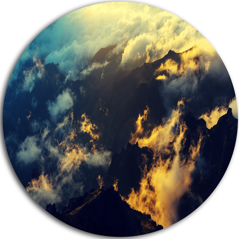 Sunset On Hill Above Clouds, Disc Metal Artwork Landscape, 36"