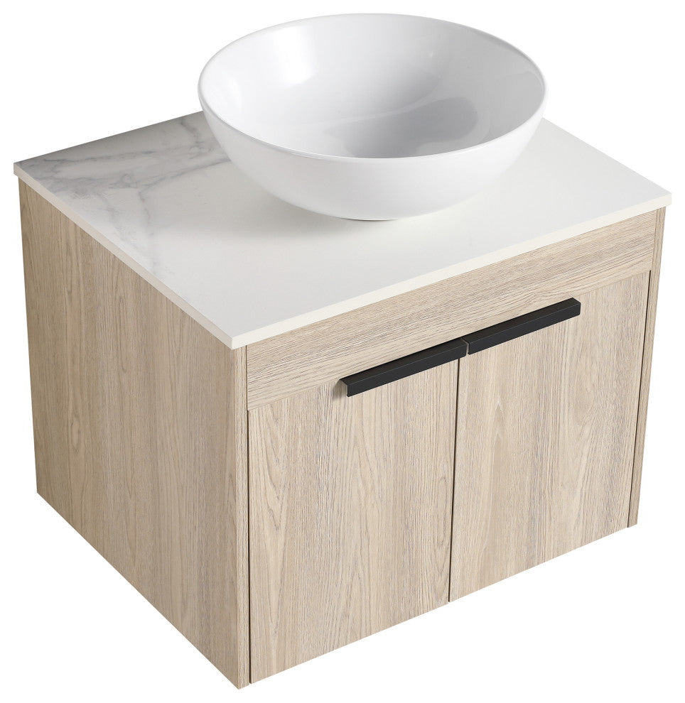 Wall-Mounted Bath Vanity, White Oak, White Ceramic Vessel Sink