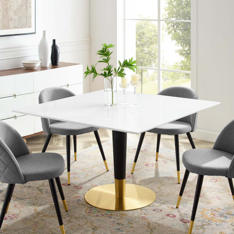 Dining Table, Square, Wood, Metal, Gold White, Modern, Cafe Bistro Restaurant