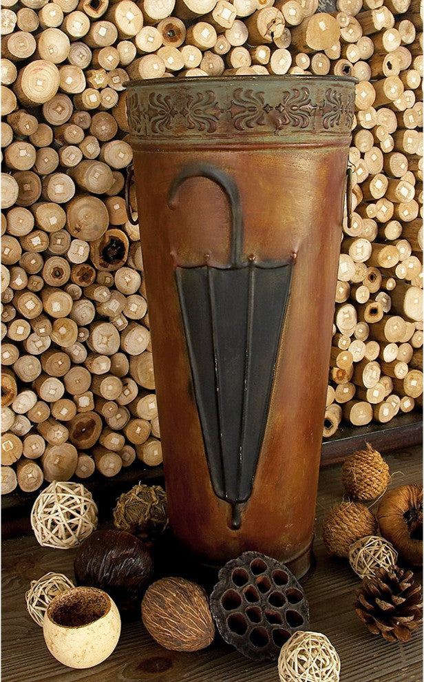 Benzara BM07627 Rustic Umbrella Stand With Engraved Details, Set Of 2, Brown