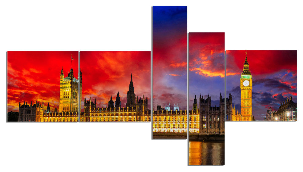 House of Parliament at River Thames, Cityscape Canvas Print, 60"x32", 5 panels