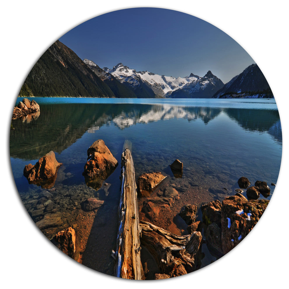 Logs In Mountain Lake, Landscape Art Round Metal Wall Art, 23"