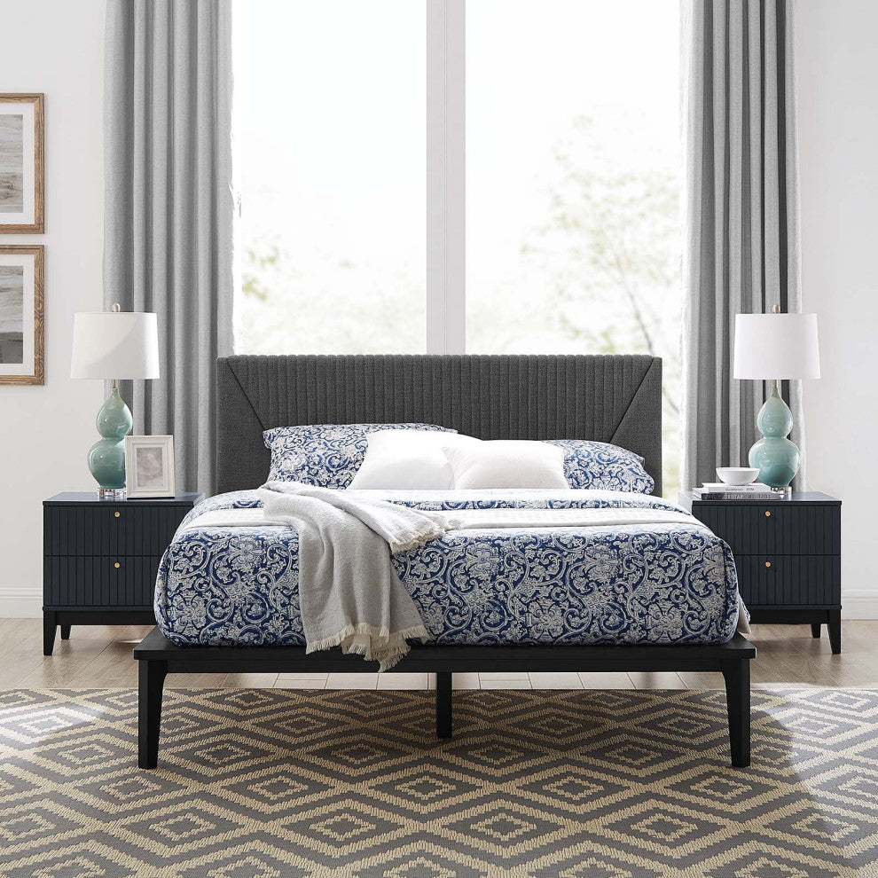 Platform Bed Nightstand Set, Queen Size, Blue, Wood, Modern, Mid Century Guest