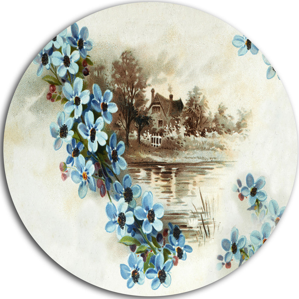 Blue Flowers Illustration, Digital Floral Art Round Wall Art, 38"
