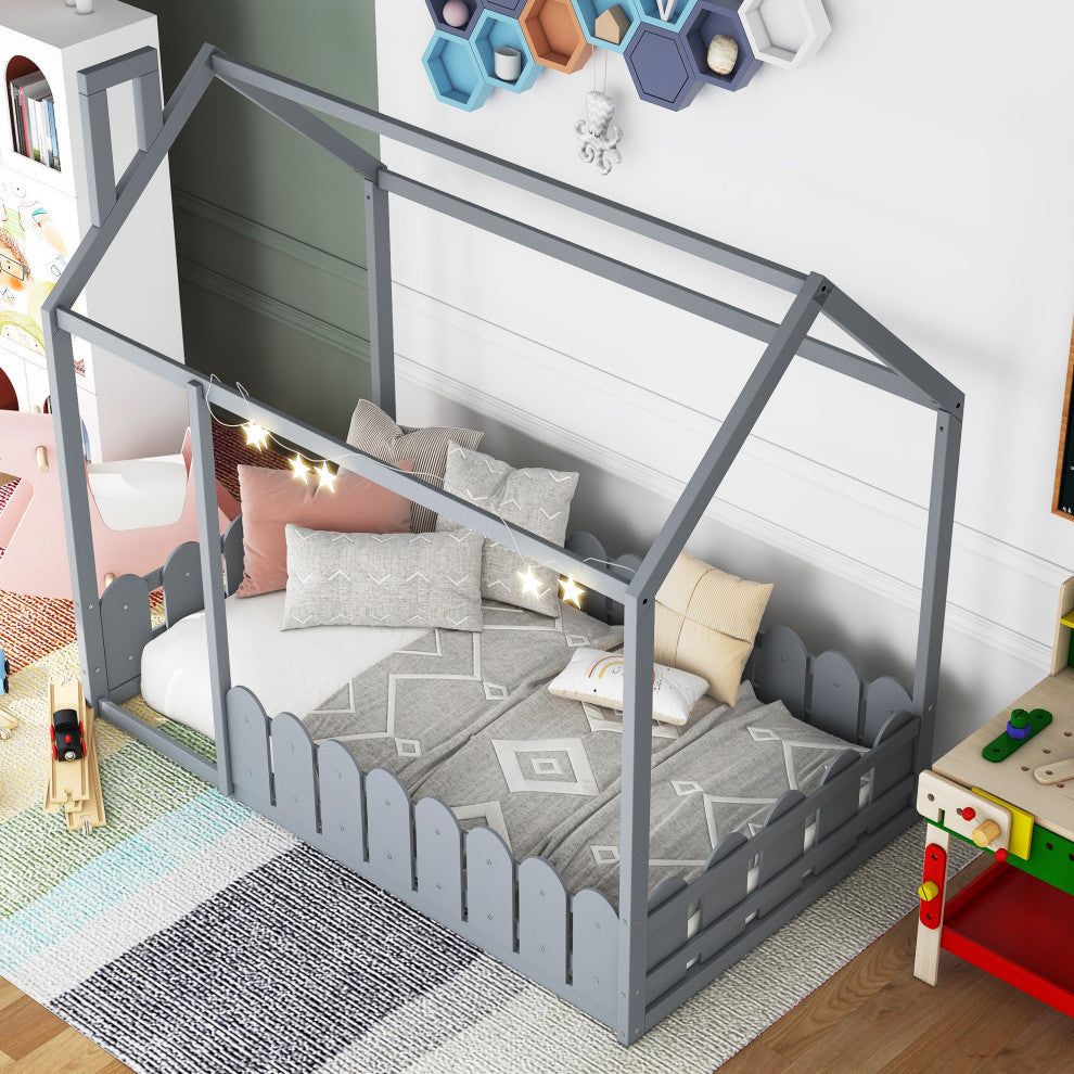 Gewnee Twin Size Wood House Bed with Fence in Gray