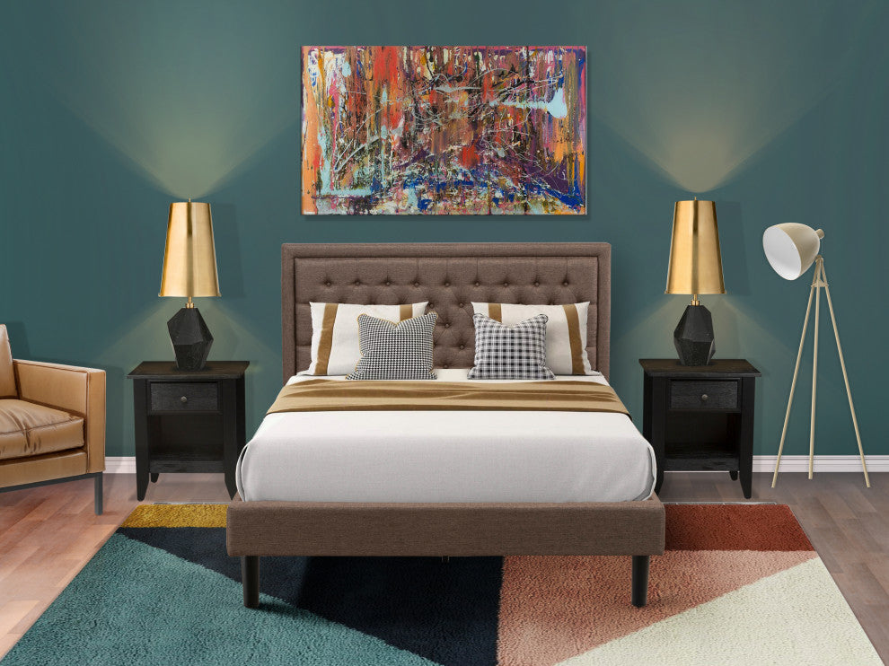 3Pc Queen Bed Set, 1 Queen Bed Frame Brown, 2 Night Stands, Black Legs