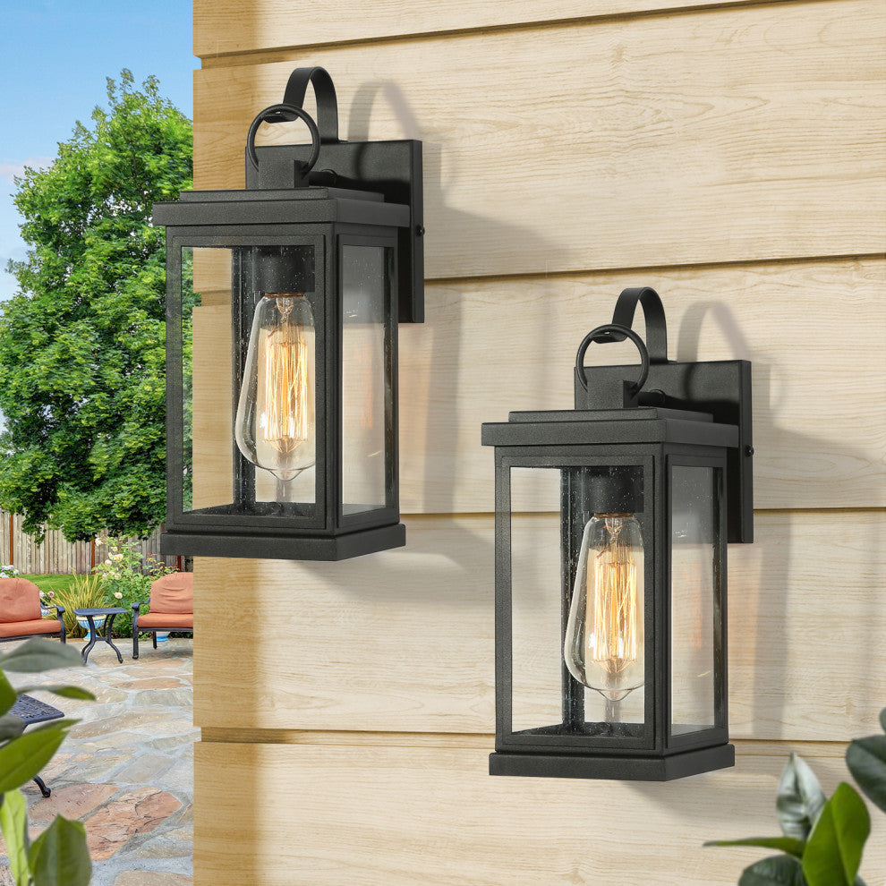 LNC 2pcs Modern 1-Light Black Outdoor Wall Light With Seeded Glass, Set of 2