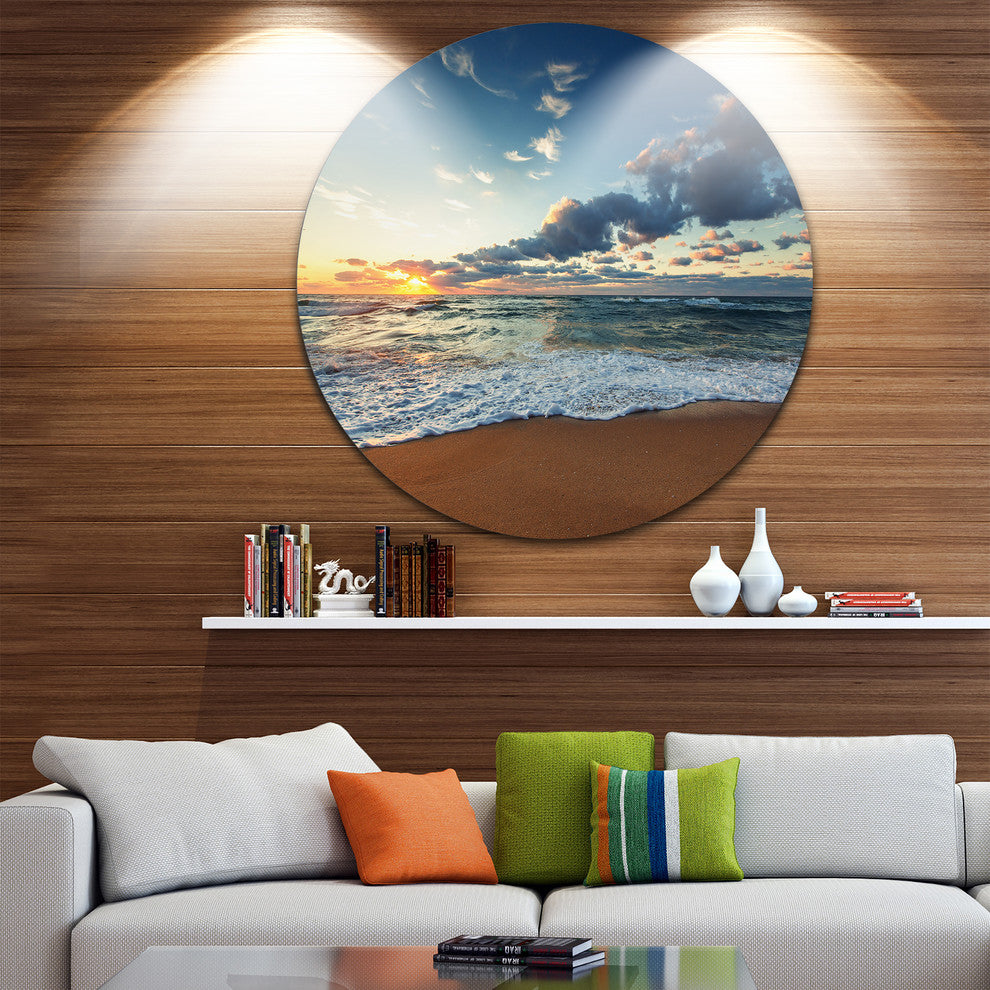 Sunrise And Glowing Waves In Ocean, Seashore Disc Metal Artwork, 11"
