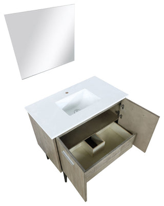 36" Vanity, White Quartz Top, White Square Sink and 28" Frameless Mirror