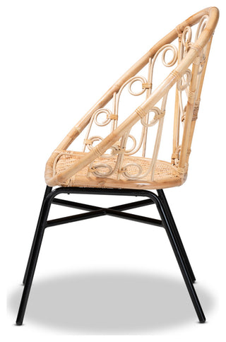 Zenaida Modern Bohemian Natural Brown Rattan and Black Metal Chair