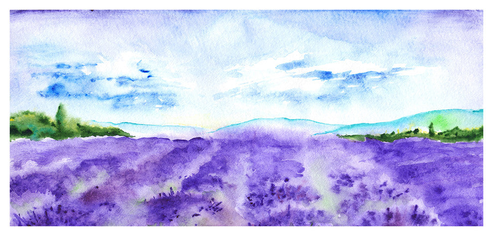 Blue Lavender Fields Watercolor, Landscape Canvas Art Print, 60"x28"