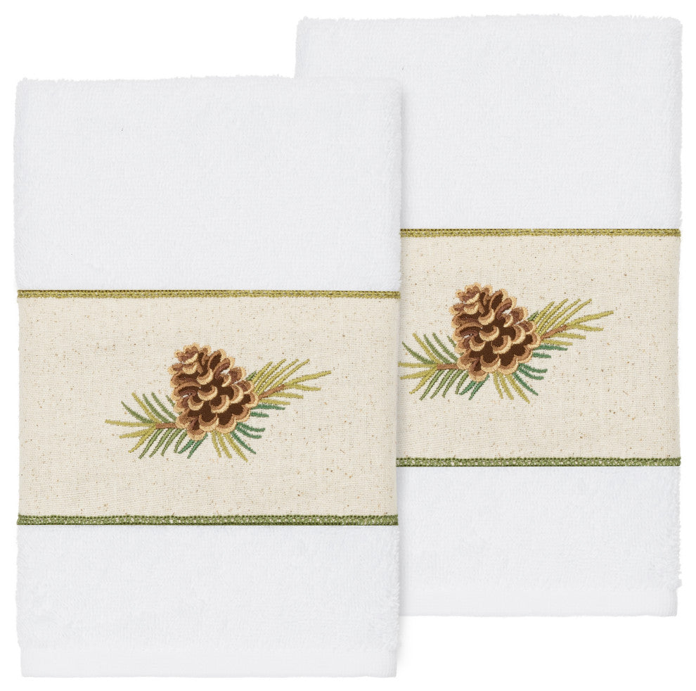 Linum Home Turkish Cotton Pierre 2-Piece Embellished Hand Towel Set, White