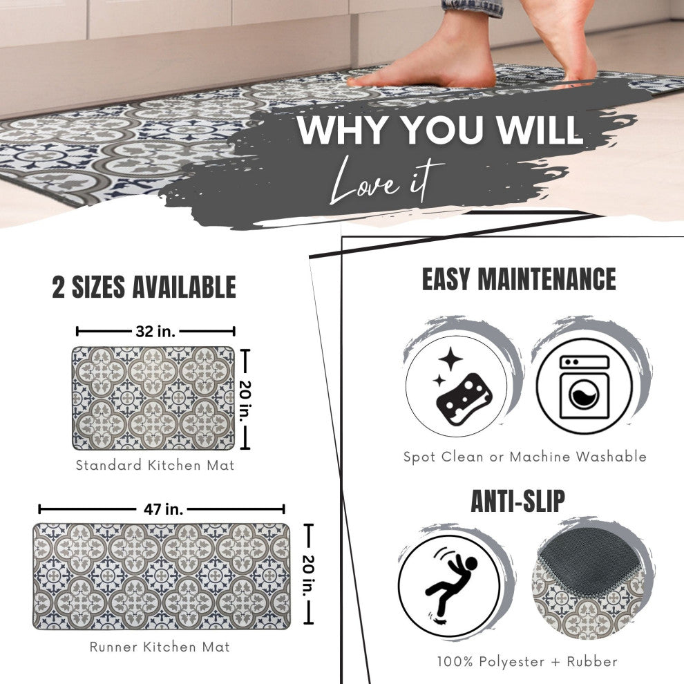 Paco Printed Kitchen Runner Mat 47" x 20" Blue and Gray Tile Design