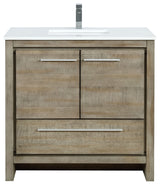 Lafarre 36 Rustic Acacia Vanity, White Quartz Top, Sink, Gun Metal Faucet Set