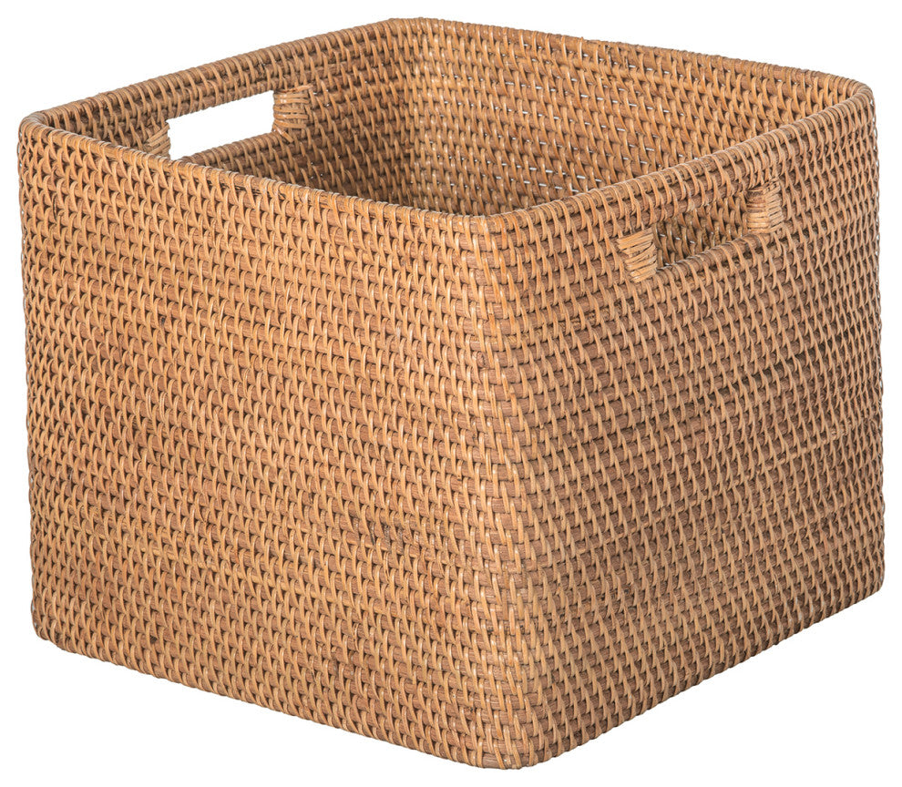 Loma Decorative Square Rattan Storage Basket With Handles, Honey-Brown, Honey Brown