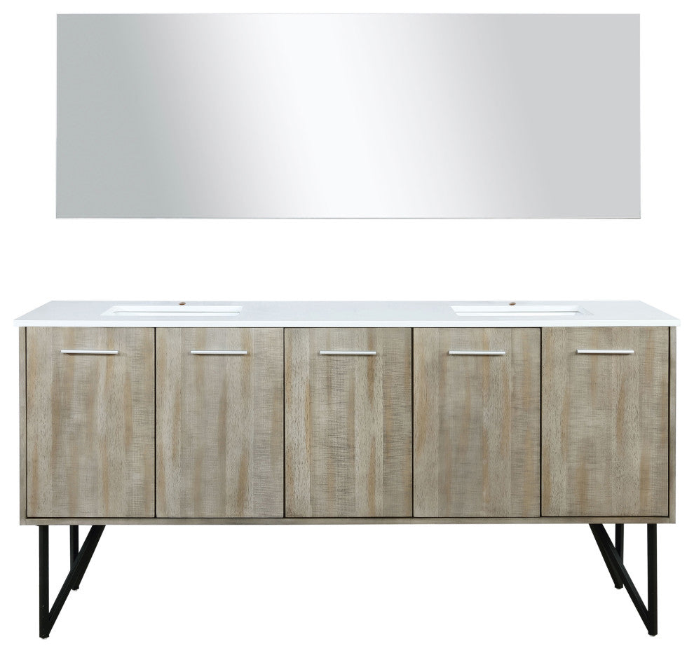 Lancy 72" Rustic Acacia DB Vanity, White Quartz Top, Square Sinks, 70" Mirror