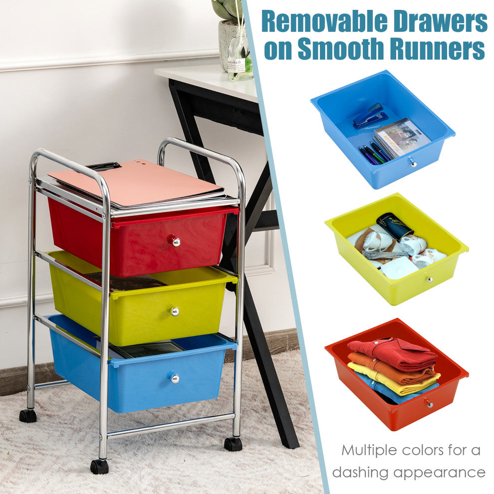 3-Drawer Cart Storage Bin Organizer Rolling w/Plastic Drawers Multicolor
