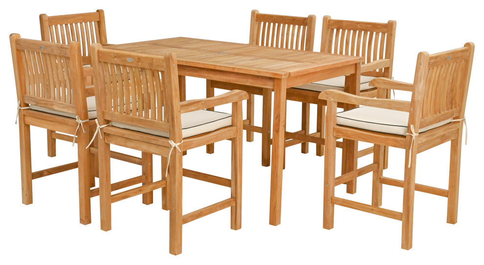 7 Piece Teak Elzas 63" Rect Bistro Counter Set, 6 Counter Stools, Arms