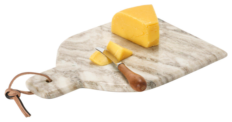 Marble Cheese and Cutting Board, Handle, Leather Tie and Canape Knife, Buff