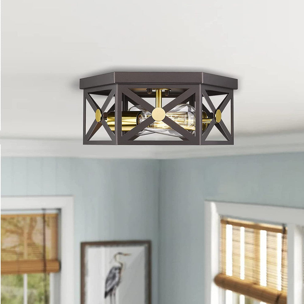12 inch light ceiling light fixture 2 light black cage Close to Ceiling Light