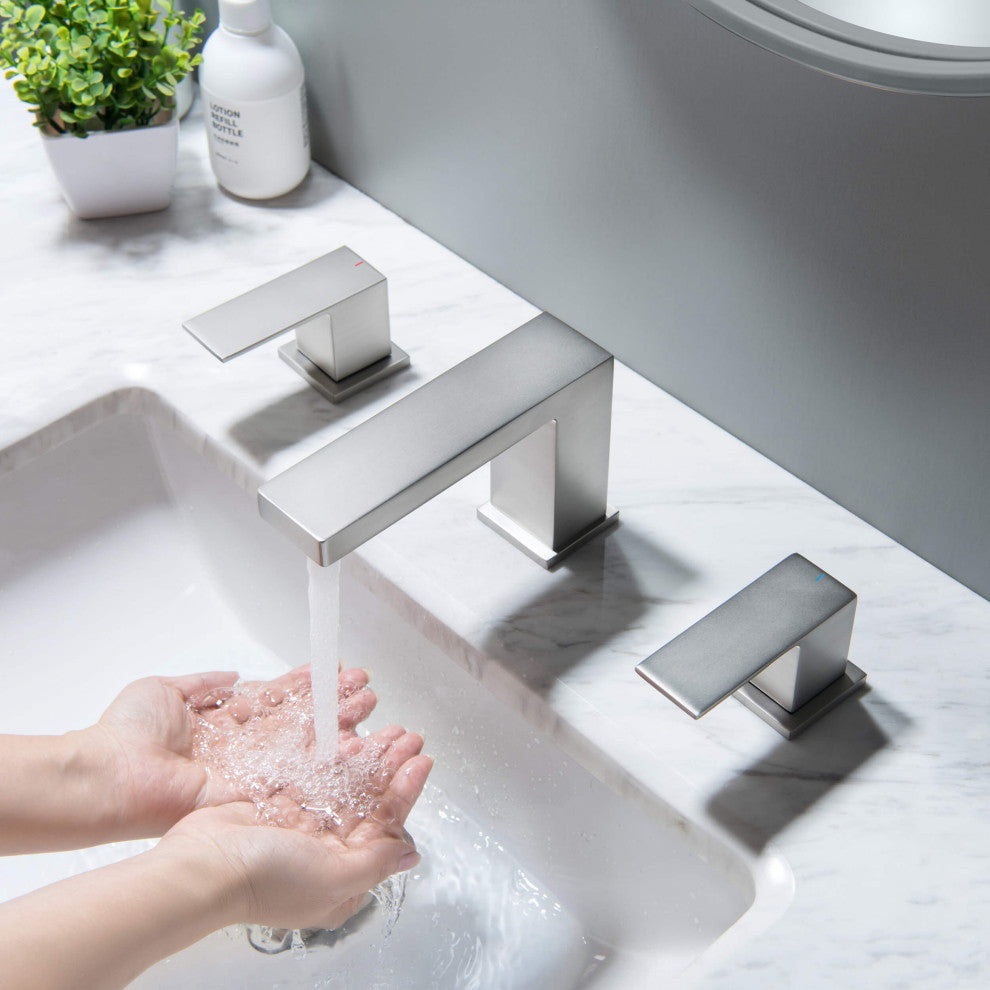 Cube 8" Widespread Bathroom Sink Faucet With Drain Assembly, Brushed Nickel