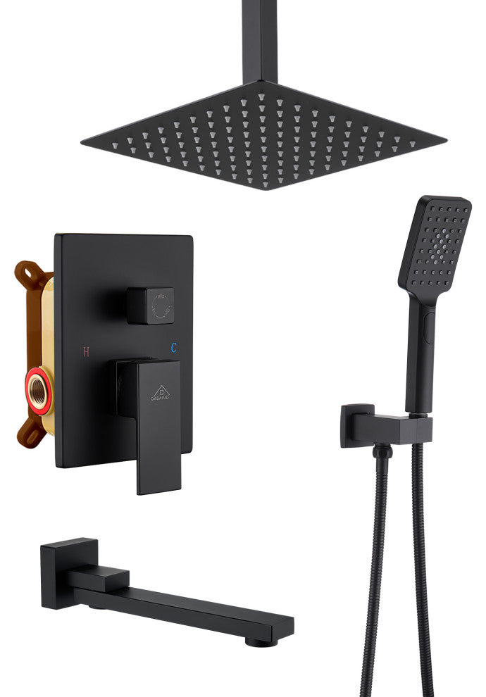 CASAINC 10" Ceiling Mounted Shower System Set w Handheld Spray & Tub Spout, Matte Black