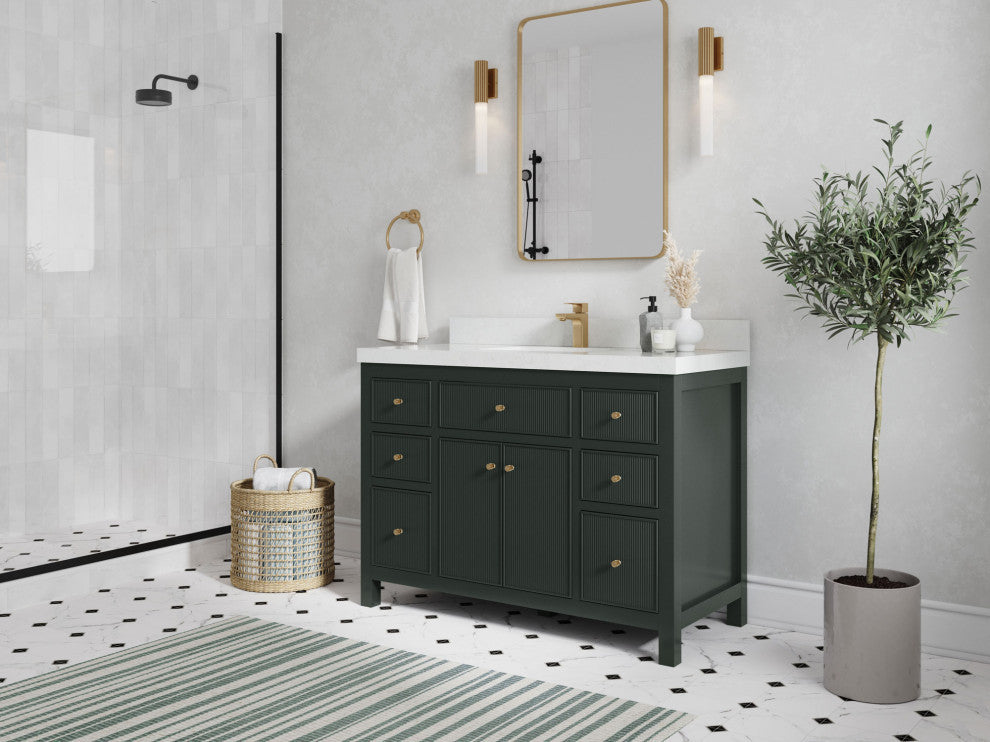 Sonoma 48 Single Sink Reeded Bath Vanity in Dark Forest Green 2" Carrara Quartz