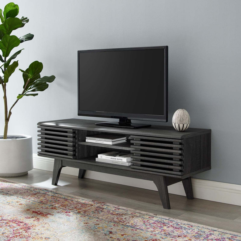 Media TV Stand Console Table, Wood, Dark Grey Gray, Modern, Lounge Hospitality