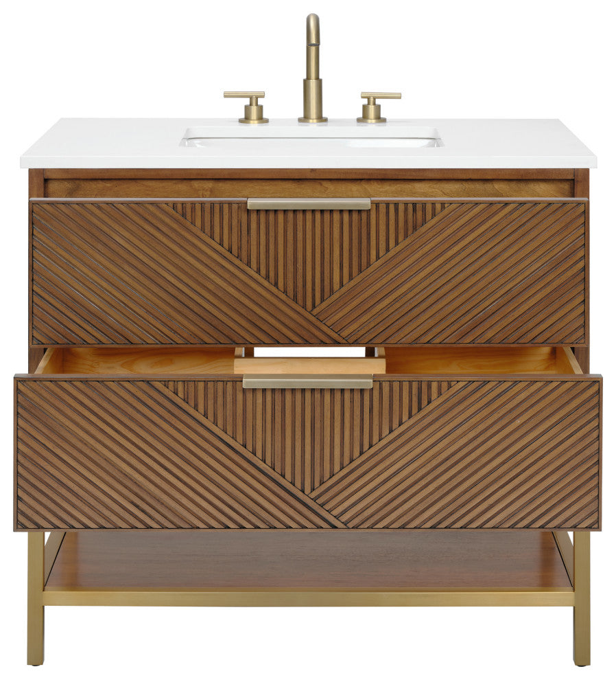 Diamond 36" Bath Vanity, Walnut/Satin Brass, 36", White Quartz Top