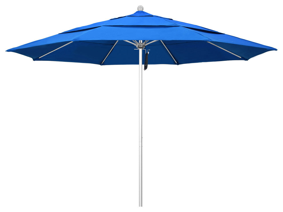 11' Silver Anodized Pulley Lift Fiberglass Rib Aluminum Umbrella, Olefin, Royal Blue