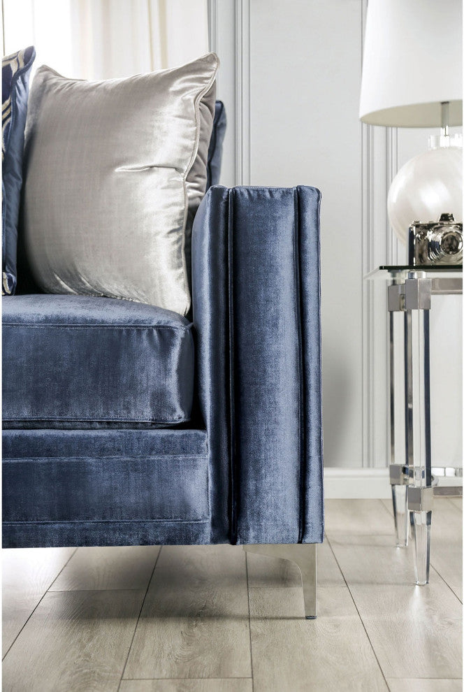 Microfiber And Wooden Love Seat with Bench Style Cushion Design, Satin Blue, L