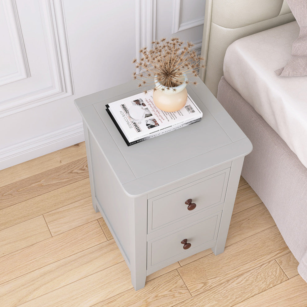 2 Drawers Solid Wood Nightstand End Table, Grey