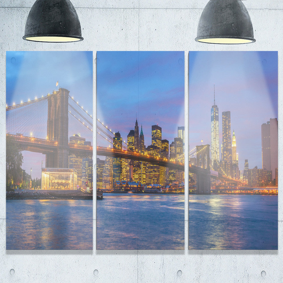 "Brooklyn Bridge With Lights and Reflections" Metal Wall Art, 3 Panels, 36"x28"