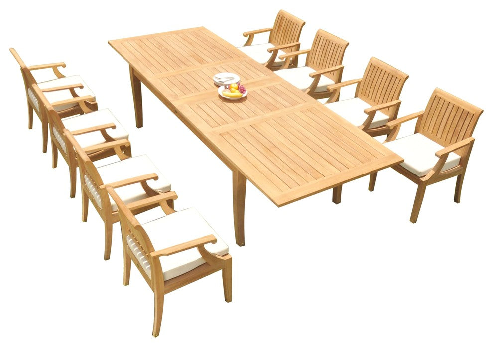 9-Piece Outdoor Teak Dining Set 122" X-Large Rectangle Table, 8 Lagos Arm Chairs