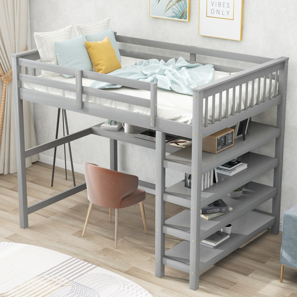 Gewnee Full Size Loft Bed with Storage Shelves and Under-bed Desk