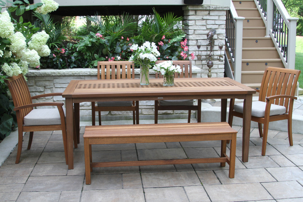 7 Person Checkerboard Dining Table With Eucalyptus Stacking Chairs
