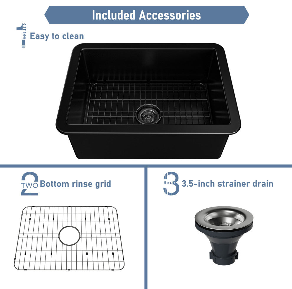 27in Undermount Single Bowl Fireclay Kitchen Sink with Grid and Drainer, Matte Black
