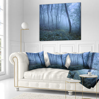 Trail Through Blue Fall Forest Landscape Photo Throw Pillow, 18"x18"