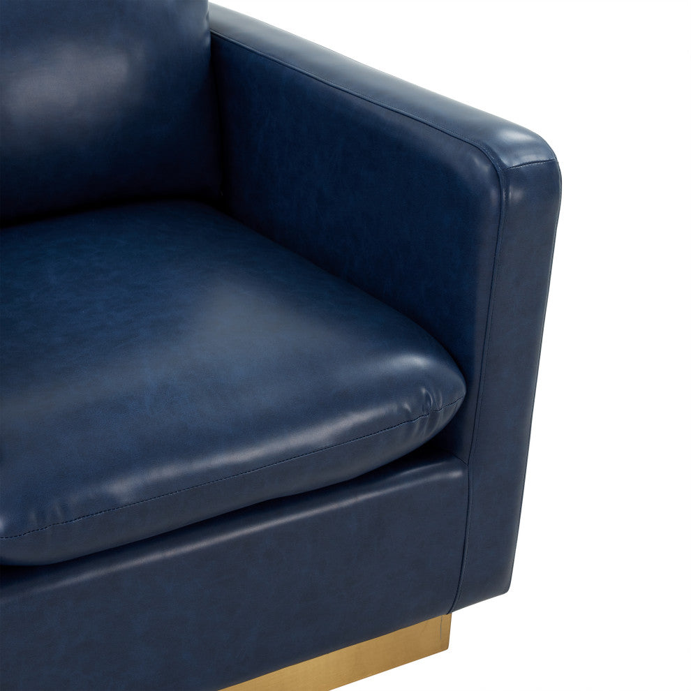LeisureMod NS32BU-L Nervo Navy Blue Leather Accent Armchair With Gold Frame