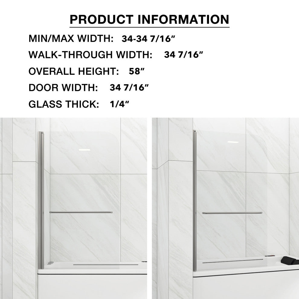 34" W x 58" H Pivot Tub Door, Clear Tempered Glass, Chrome