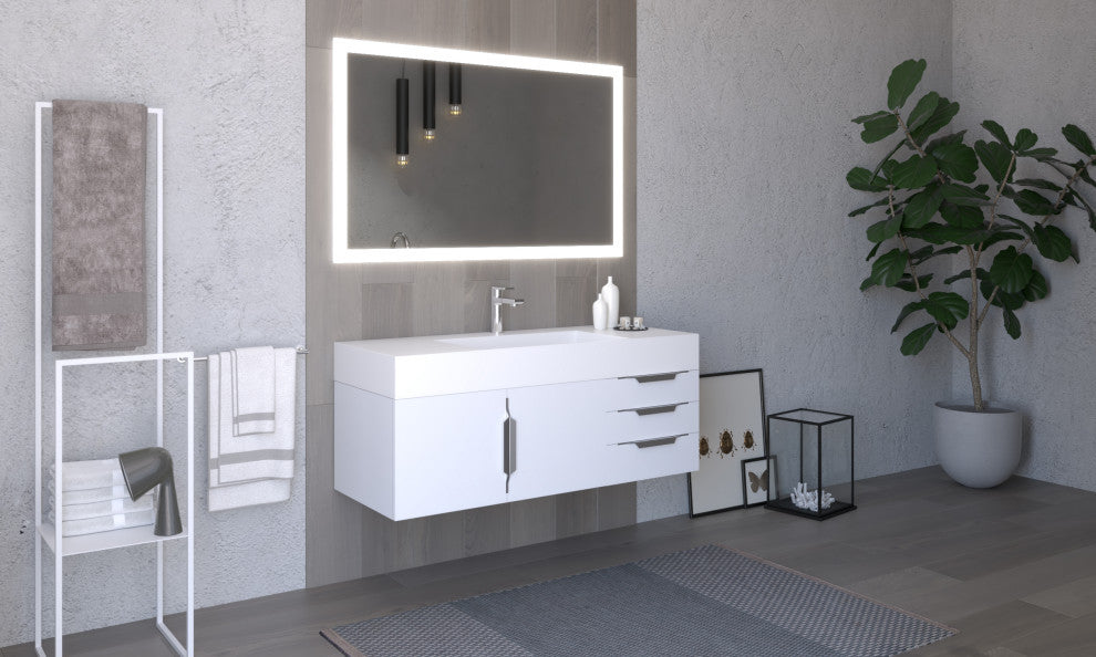 CastelloUSA Amazon 48" Wall Mounted Vanity Set, White, White Top, Chrome Handles