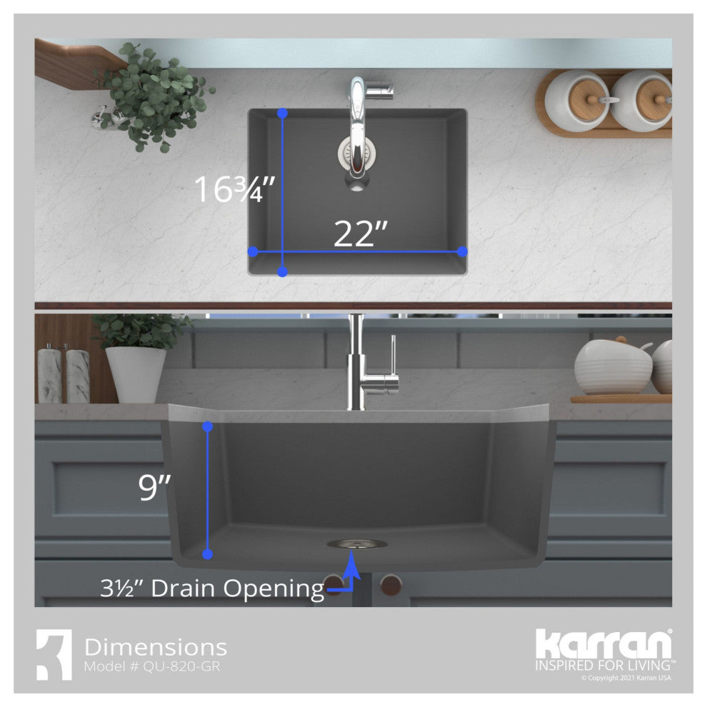 Karran QU-820 Undermount 24.38, Single Bowl Quartz Sink Kit, White