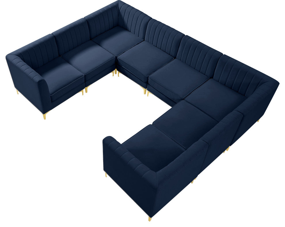 Alina Velvet Modular U-Shaped Sectional, Navy, 8-Piece: 4 Armless Chair, 4 Corner Chair