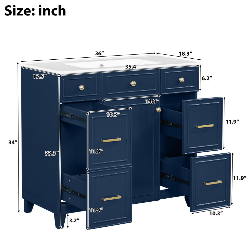 36 Inch Freestanding Bathroom Vanity with Ceramic Sink, Blue