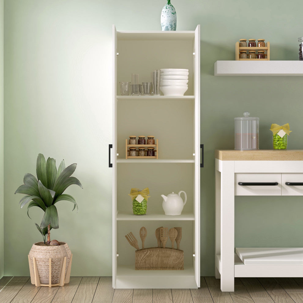 Freestanding Pantry Cabinet, 2 Doors With Adjustable & Fixed Shelves, Ivory